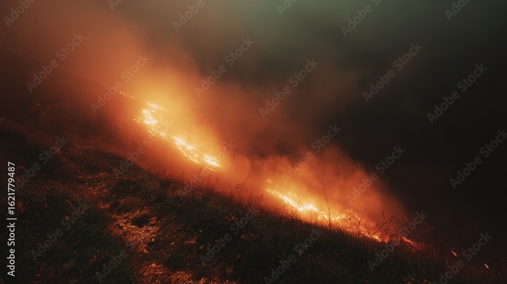 Poster scene image of glowing orange mist gradually spreading over a dark uneven terrain representing slowb