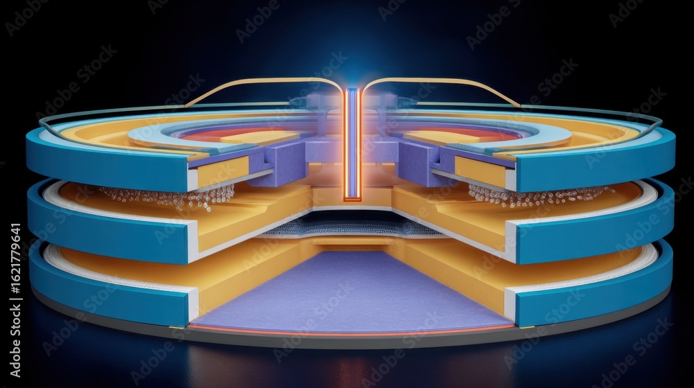 Poster cross-section of next-generation lithium battery architecture showing layers of anode, separator, ca