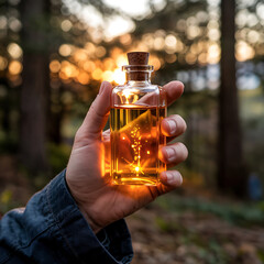 Magic Potion in Forest Hand Holding Glass Bottle Filled with Golden Liquid Under Sunset Light