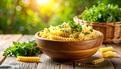Spiral pasta in a wooden bowl, garnished with herbs