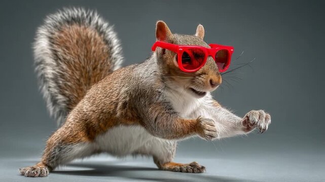 Adorable Squirrel Wearing Red Sunglasses, Posing with Attitude, Cute Woodland Creature Portrait