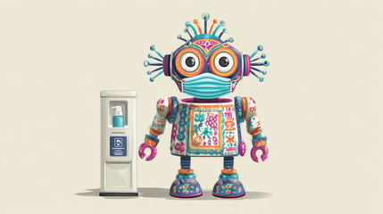 Playful robot promoting hygiene urban setting digital art whimsical vibe front view healthy living concept