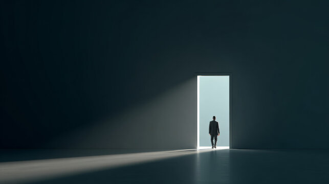 Business person walking through an open door office space digital illustration minimalist environment perspective on opportunity
