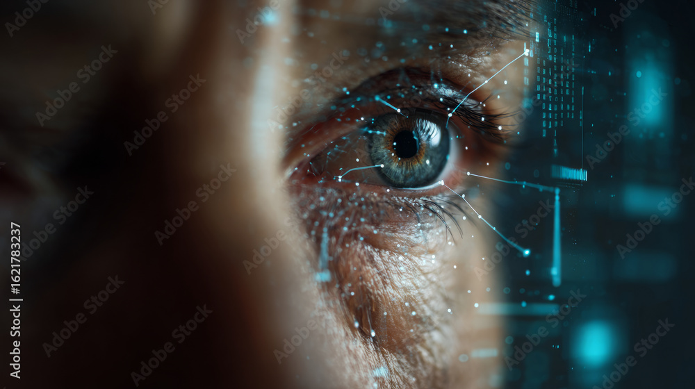 Poster exploring digital vision eye technology innovations futuristic lab visual content high-tech environm