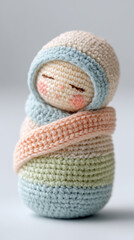 Crocheted doll wrapped in pastel colors indoor setting product photography cozy atmosphere close-up view handmade craft