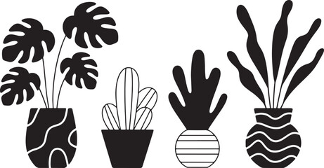 Black and White Plant Illustrations with Various Potted Plants