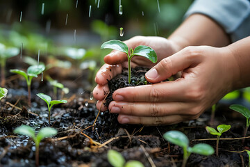 Protecting a Young Seedling During a Gentle Rain Nurturing New Life and Growth