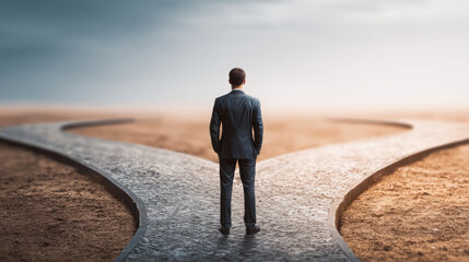 Decision-making dilemma crossroads conceptual image open landscape rear view choices in life