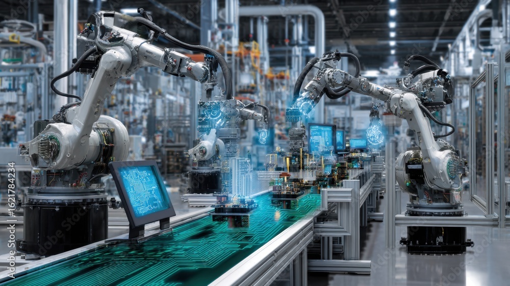 Aufkleber industrial area with robotic arms and iot devices connected via g for synchronized production