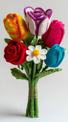 Colorful knitted flower bouquet arrangement indoor setting craft art home decor close-up creativity and craftsmanship