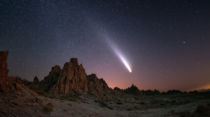 Celestial event comet over rock formations desert landscape night sky panoramic view astronomy concept