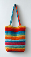 Colorful striped tote bag home display fashion item indoor setting close-up view artful design for eco-friendly lifestyle