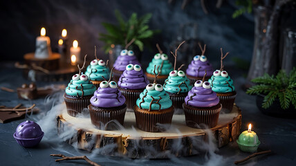 Spooky Halloween Cupcakes with Googly Eyes on a Wooden Serving Board for a Festive Holiday Celebration