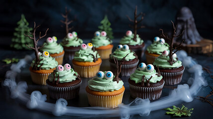 Spooky Halloween Cupcakes with Green Frosting and Edible Eyeballs Festive Dessert for Halloween Party and Holiday Celebrations