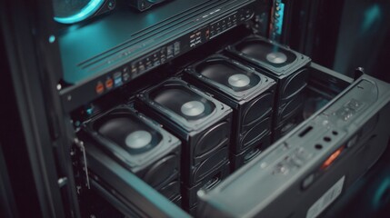 IT storage solution with stacked drives, RAID controller, and cooling system