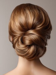 Elegant Chignon Hairstyle Showcased in a Salon Setting With a Blurred Background, Perfect for Special Occasions and Formal Events