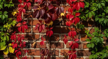 Autumnal virginia creeper climbing on a brick wall with red and green foliage view