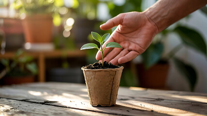 Tender Care of a Seedling A Hand Nurturing New Growth for a Greener Future and Environmental Sustainability on Wood Table
