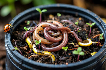 Worm composting with earthworms in a container garden with lemon peels and ladybug for organic gardening and sustainable living