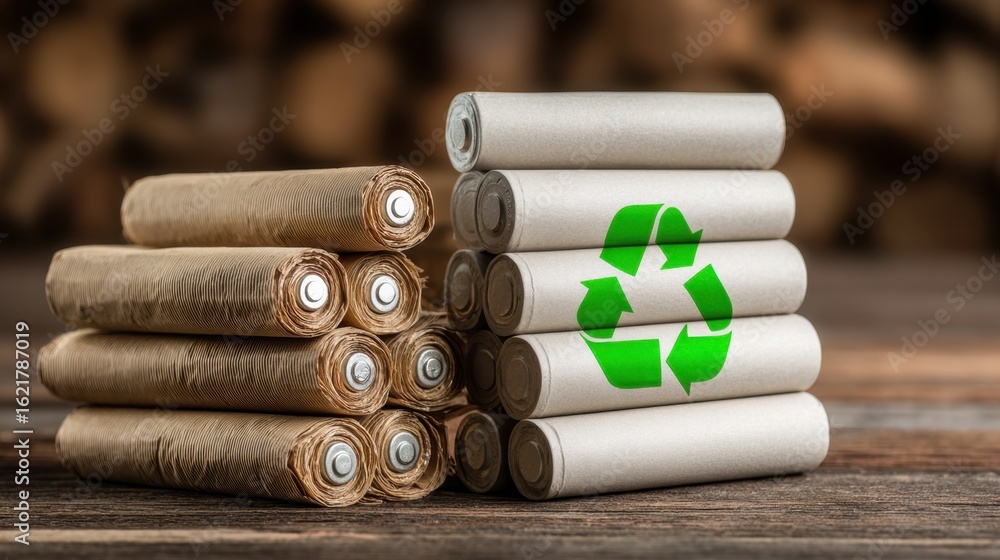 Poster stack of high-capacity lithium-ion cells with recycled materials signifying green battery tech