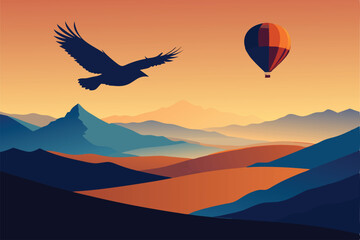 Fototapeta premium eagle flying above a hot air balloon in desert sky.eps
