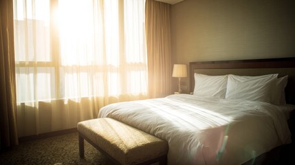 Fototapeta premium Serene hotel bedroom bathed in morning light, featuring minimalist decor and a neatly made bed. 