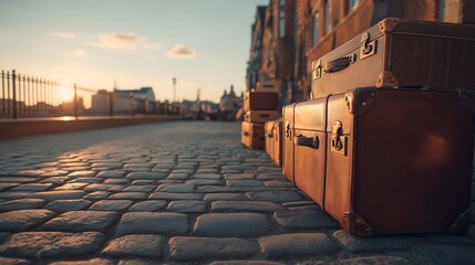 Vintage Suitcases on Cobblestone Street at Sunrise