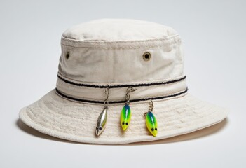 Off-white bucket hat with fishing lures (2)