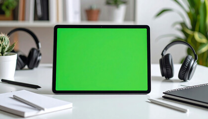 Workplace Tablet Mockup on a White Desk with Green Screen and Accessories, Home Office iPad Chroma Key Template with Headphones and Stationery