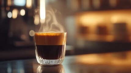 Freshly brewed coffee in a stylish cup with steam rising, elegant and inviting on blurred background 