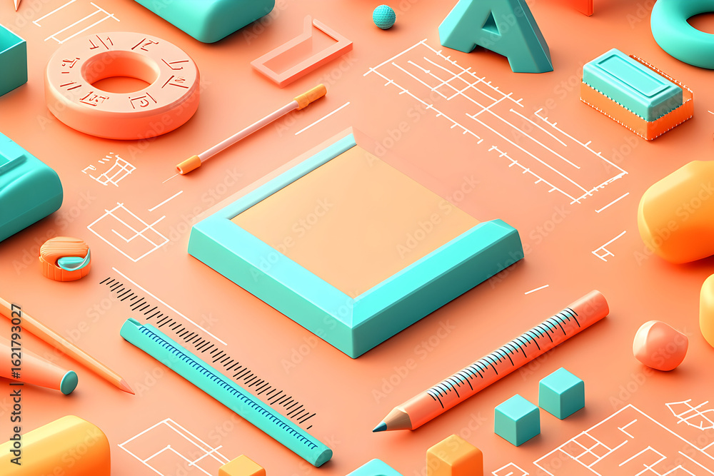 Aufkleber overhead shot of various teal and peach 3d rendered objects and shapes on a peach background.