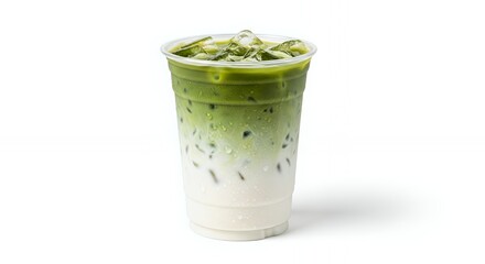Iced Matcha Latte in Clear Glass Cup with Milk and Green Tea Layered Drink