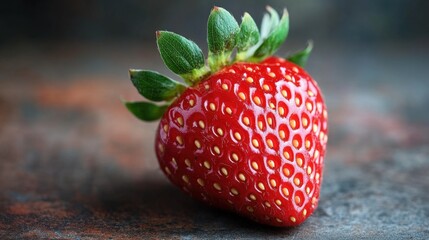 Fresh strawberry resting on rustic surface, vibrant colors