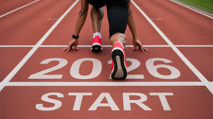 Powerful athlete poised for 2026 start, ready to conquer challenges and achieve success on the vibrant track, symbolizing ambition and determination