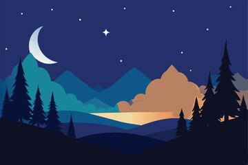 Fototapeta premium starry night in forest illustration with silhouet.eps