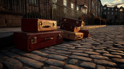 Vintage Suitcases on Cobblestone Street at Sunrise