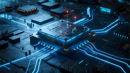 Futuristic microchip processor with glowing blue circuits on a computer motherboard.