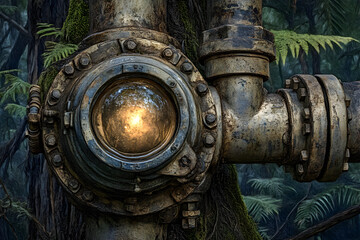 Fototapeta premium Close-up of a weathered metal pipe fitting with a circular glass window showing a bright light, set against a blurred background of lush green foliage.
