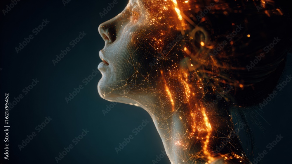 Poster futuristic digital overlay depicting female profile with glowing elements and aging reversal in a hi