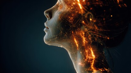 Futuristic Digital Overlay Depicting Female Profile With Glowing Elements and Aging Reversal in a High-Tech Lab Environment at Twilight