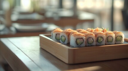 Freshly made sushi rolls arranged artistically on a wooden tray, Japanese culinary excellence, on blurred background 