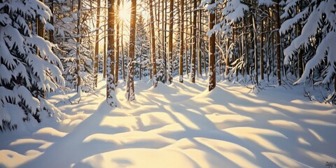 Obraz premium Winter forest bathed in golden sunlight.