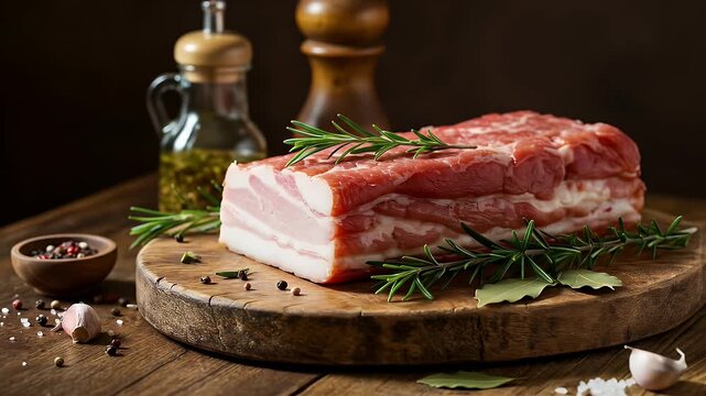 Detailed Close Up of Italian Guanciale Slab with Rosemary and Olive Oil on Rustic Wooden Table in Studio Setting Showcasing Gourmet Food Presentation for Culinary and Gastronomy Projects with Warm