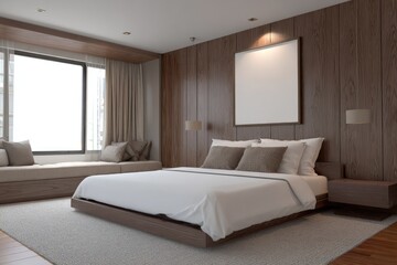Modern bedroom with warm tones and a large window