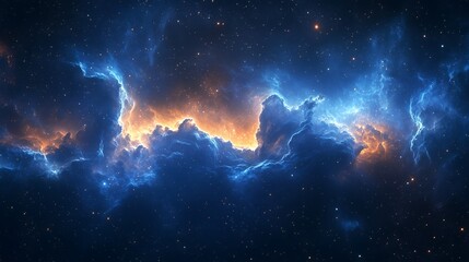 Surreal Ocean-Wave Shaped Blue Nebula with Stars and Central Sun-like Star