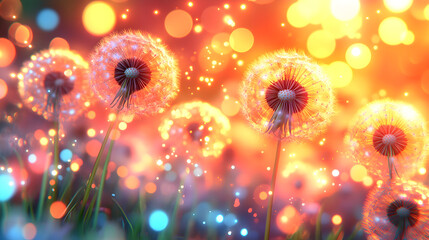 Several dandelion seed heads with backlit warm lighting and bokeh effect.