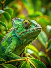 Green chameleon blending into foliage