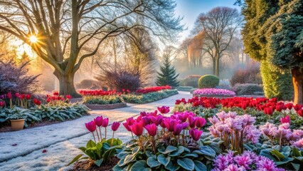 Frosty morning scene with bare trees and vibrant winter flowers like cyclamen and camellias in a beautifully designed floral border