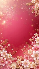 Soft pink and red gradient background with gold glitter accents and delicate white flowers with intricate details