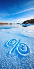 Frozen lake with blue percentage sign in snow